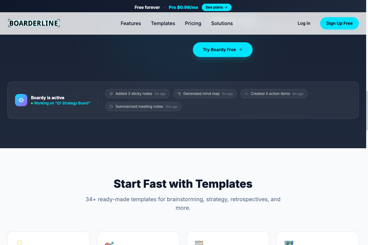 Boardy activity feed — added sticky notes, generated mind map, created action items, summarized meeting notes