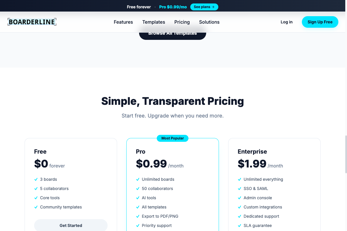 Overboard pricing — Free $0 forever, Pro $0.99/month, Enterprise $1.99/month