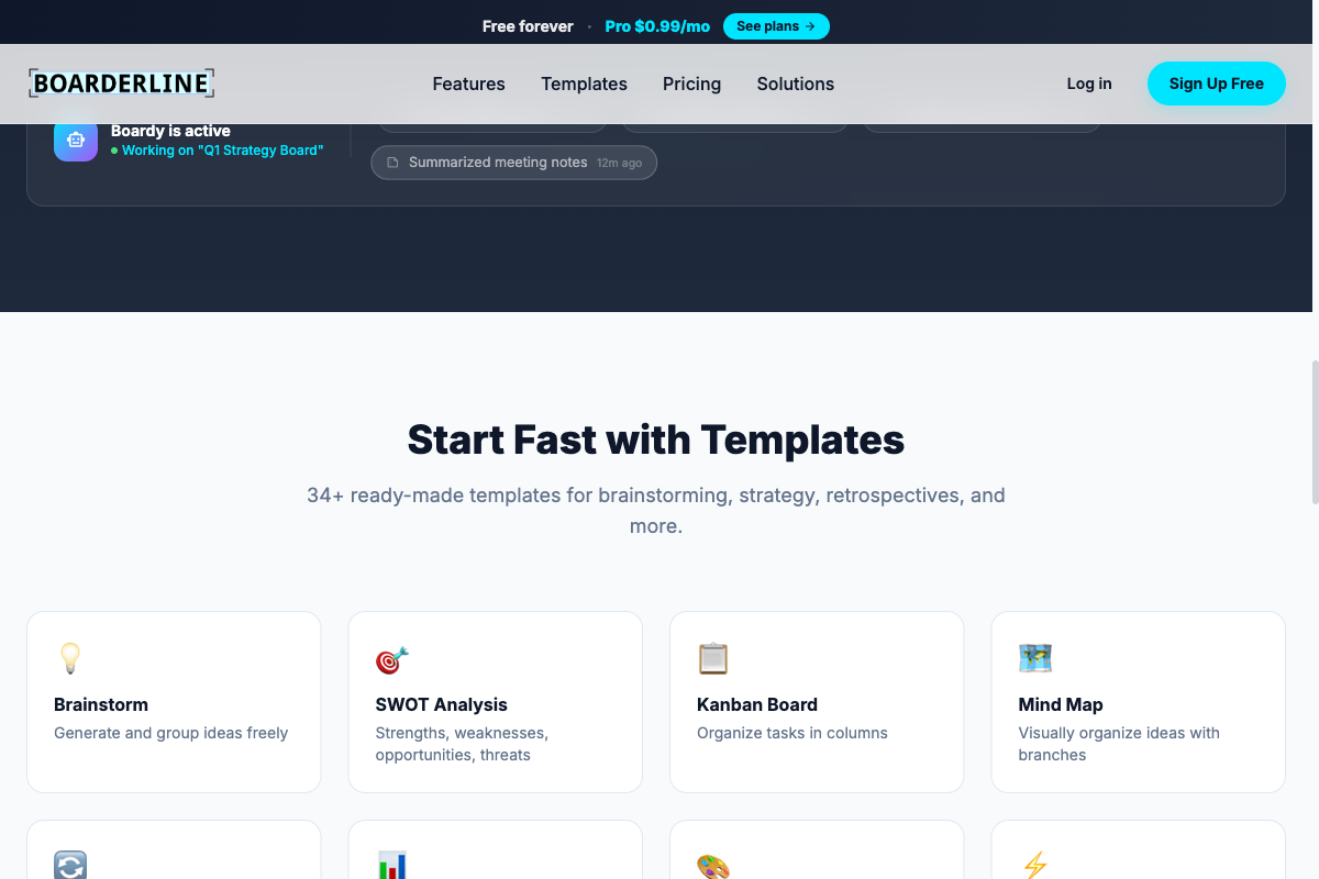 Overboard templates — Brainstorm, SWOT, Kanban, Sprint Planning