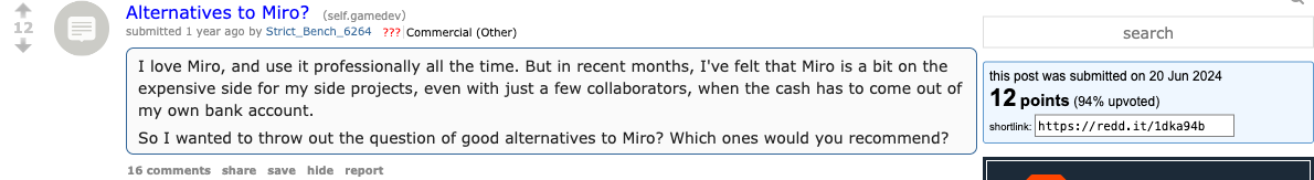 Reddit post on r/gamedev — 'Alternatives to Miro?' — User says Miro is expensive for side projects with just a few collaborators