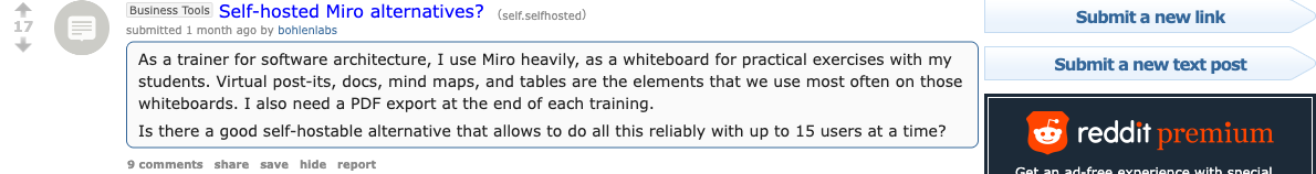 Reddit post on r/selfhosted — 'Self-hosted Miro alternatives?' — Software architecture trainer looking for cheaper alternatives to Miro
